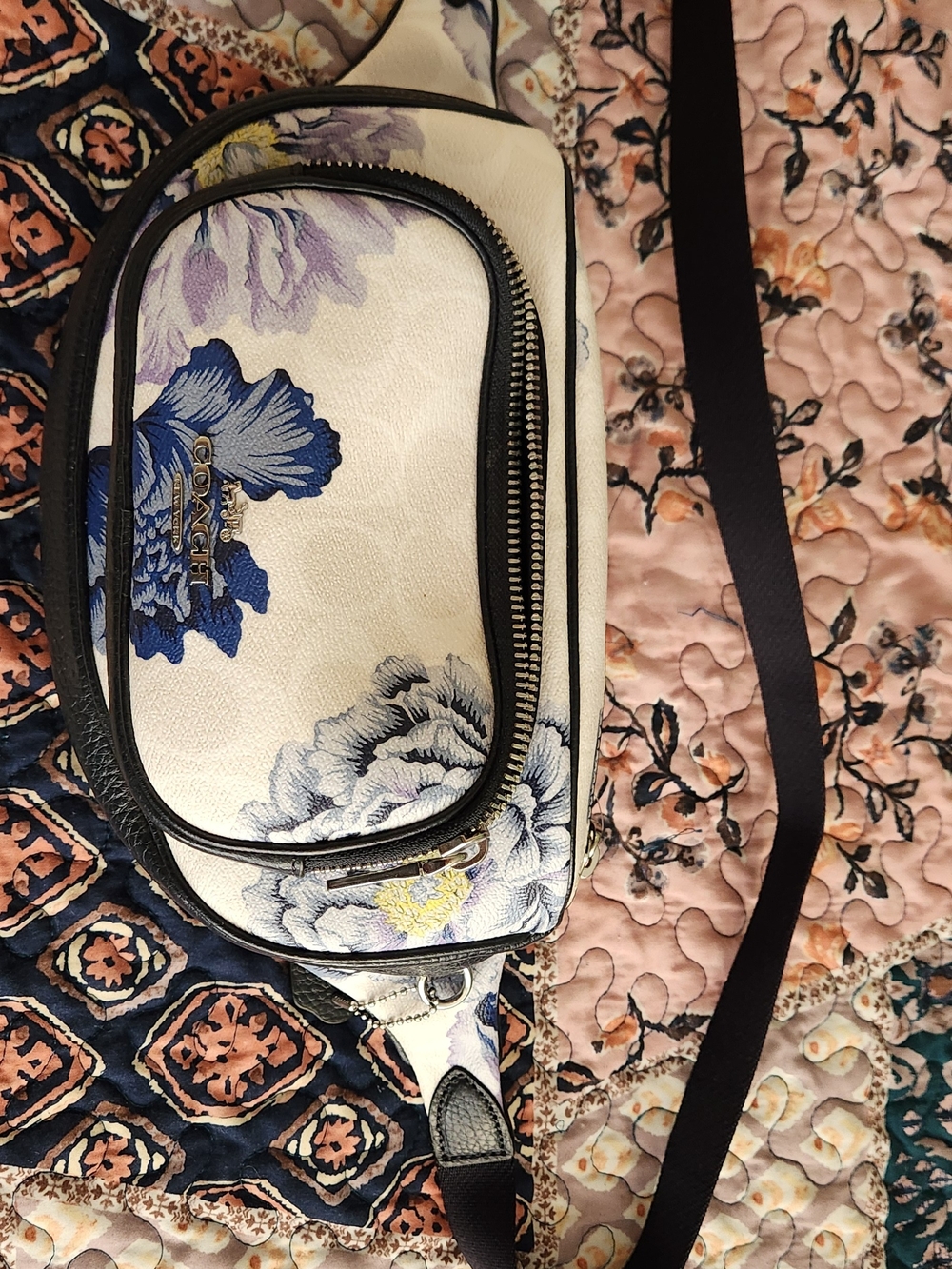 Coach White Floral Leather Crossbody Belt Bag with Blue Accents